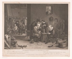 Krointeriør med kortspillfigurer Les Francs Maçons Flamands en Loge (tittel på objekt) av Bernard François Lépicié