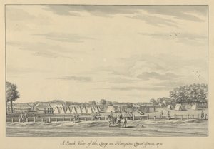 En sørlig utsikt over leiren på Hampton Court Green 1731, 1731-33 (penn og svart blekk og vask på lagt papir) av Bernard III Lens
