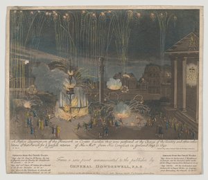 Fyrverkeri i Covent Garden, 1809 (etsing og akvatint, håndfarget) av Bernard II Lens