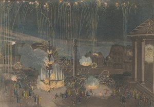 En perfekt beskrivelse av fyrverkeriet i Covent Garden som ble fremført under ansvar for..., 1809. av Bernard Lens