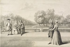 Figurer på bredden av Long Water, Hampton Court Palace (grå vask med penn og blekk over blyant på papir) av Bernard Lens