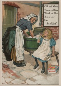 Ung jente som blåser bobler mens bestemoren vasker: reklame for Sunlight-såpe av Bernard Partridge