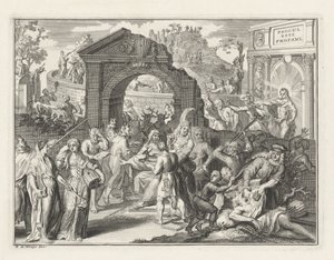 Tegneserie om teaterslaget, ca. 1685 av Bernard Picart (attributed to)