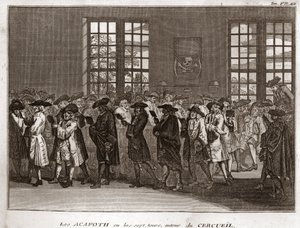 En kongregasjon av jødiske sørgende som utfører "" Acafoth"" ved en begravelse Gravering fra "" Illustrasjon av religiøse seremonier og skikker til alle verdens folk" av Bernard Picart (1723-1743) 1819 Privat samling av Bernard Picart