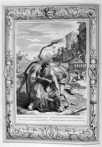 Achelous i form av en okse blir beseiret av Hercules, 1733 av Bernard Picart