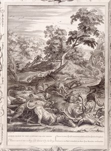Actaeon forvandlet til en hjort og fortært av sine hunder, 1731 av Bernard Picart