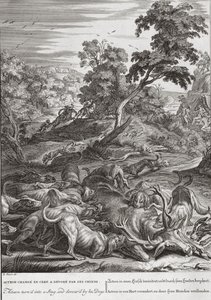 Actaeon ble til en hjort, og slukte av hundene sine, 1731 av Bernard Picart