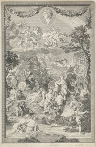 Allegorisk tittelside med ulike scener fra Ovids metamorfoser og hans portrett av Bernard Picart