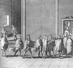Ulike stadier av konklavet, møte med kardinalene for valg av en ny pave: rasjonene blir laget under konklavet (Vatikanet: ankomst av mat under konklavet) Gravering fra "" Illustrasjon av religiøse seremonier og skikker for alle mennesker av Bernard Picart