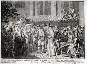 Jødisk bryllup i det jødiske tyske samfunnet Gravering fra "" Illustration de ceremonies et customs religieuses de les peuples du monde" av Bernard Picart (1723-1743) 1819 Privat samling av Bernard Picart
