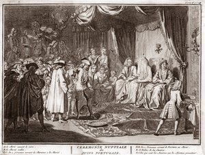 Jødisk bryllup i det jødiske portugisiske samfunnet Gravering fra "" Illustrasjon av seremonier og religiøse skikker til alle verdens folk"" av Bernard Picart (1723-1743) 1819 Privat samling av Bernard Picart