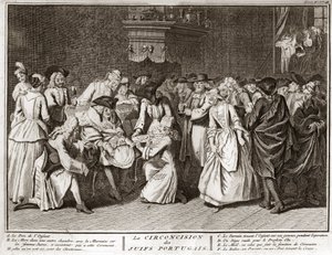 Jødedom: omskjæringsseremoni i det jødiske portugisiske samfunnet Gravering fra "" Illustrasjon av religiøse seremonier og skikker til alle verdens folk"" av Bernard Picart (1723-1743) 1819 Privat samling av Bernard Picart