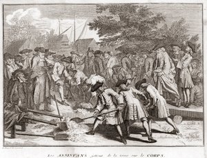 Jødedom: assistentene kaster jord på kroppen under begravelsen (jødisk begravelse) Gravering fra "" Illustrasjon av religiøse seremonier og skikker til alle verdens folkeslag"" av Bernard Picart (1723-1743) 1819 Privat samling av Bernard Picart