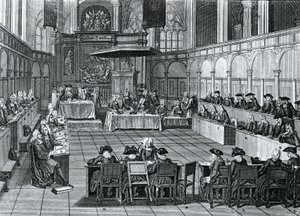 Protestantisk synode holdt i 1730 i Nieuwe Kerk (New Church) i Amsterdam, Nederland, gravering av Bernard Picart (1673-1733) av Bernard Picart