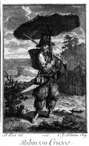 Representasjon av Robinson Crusoe på ørkenen hans. Gravering av Bernard Picart (1673-1733) som illustrerer romanen av Daniel Defoe eller De Foe (1660-1731)
