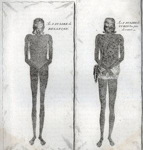 Representasjon av likkledet av Besancon og likkledet av Torino Gravering fra "Illustrasjon av religiøse seremonier og skikker til alle verdens folk" av Bernard Picart (1723-1743) 1819 Privat samling av Bernard Picart