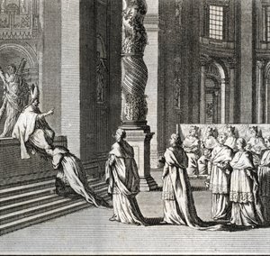 Høytidelig innvielse av paveskapet "" Tilbedelse av paven på St. Peters store alter, Vatikanet"" (pavelig innvielse: Tilbedelse av paven over St. Peters store alter) Gravering fra "" Illustrasjon av religiøse seremonier og skikker av en av Bernard Picart