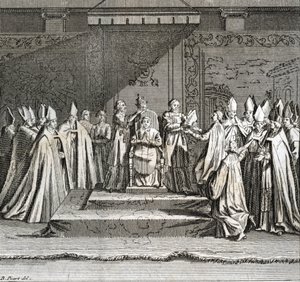 Høytidelig innvielse av pontificatet "" Representation du coronation du pope"" (pavelig innsettelse: kroningen av paven) Gravering fra "" Illustrasjon av seremonier og religiøse skikker til alle verdens folkeslag"" av Bernard Picart (1723-1743) av Bernard Picart