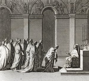 Høytidelig innvielse av paveskapet: "" Tilbedelsen av paven i det sixtinske kapell"" (pavelig innvielse: tilbedelse av paven i det sixtinske kapell) Gravering fra "" Illustrasjon av seremonier og religiøse skikker til alle verdens folk"" av Bernard Picart