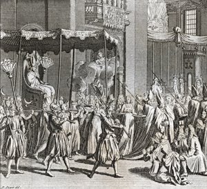 Høytidelig innvielse av pontifikatet: brenning av et tøy) Gravering fra "Illustration de ceremonies et customs religieuses de tous les peuples du monde" av Bernard Picart (1723-1743) 1819 Privat samling av Bernard Picart