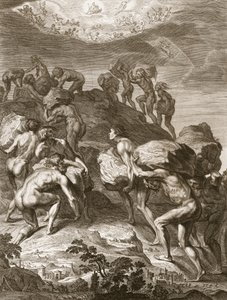 Kjempene forsøker å skalere himmelen ved å pile fjell på en annen, 1731 av Bernard Picart