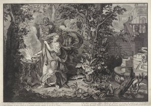 Hevnens gudinner oppfordrer Althaea til å brenne Meleagers tømmerstokk History of Meleager (serietittel) av Bernard Picart