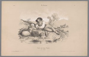 Gjeter med jente ved et basseng Skildringer av livet på landet (serietittel) La kampanjen. Etudes varieés aux deux Crayons (serietittel på objekt) av Bernard Romain Julien