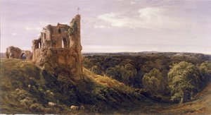 Ødelagt slott i et landskap (Knaresborough Castle) (Akvarell på papir)