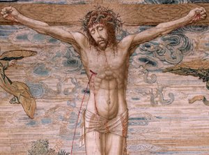 flamsk billedvev. Serien Dais of Charles V (Baldachin of Margaret of Austria). Barmhjertighetens Kristus (Cristo de la Misericordia). Tapetpanel bak pallen. Modell Bernard van Orley (1491-1542). Produksjon Pieter de Pannemaker, Brussel. 1518-1524. Stoff G av Bernard van Orley