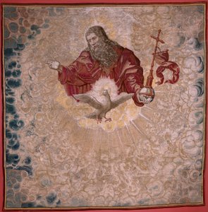 flamsk billedvev. Serien Dais of Charles V (Baldachin of Margaret of Austria). Gud Faderen og Den Hellige Ånd (El Padre Eterno y el Espíritu Santo). Billedteppe baldakin av podiet. Modell Bernard van Orley (1491-1542). Produksjon Pieter de Pannemaker, av Bernard van Orley
