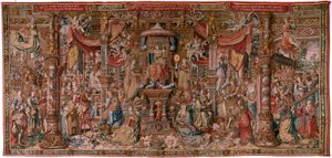 flamsk billedvev. Serien The Honours. Tro (La Fe). Første billedvev i serien. Modelltegnere fra kretsen til Bernard van Orley og Jan Gossaert (Mabuse). Produksjon Pieter van Aelst, Brussel. Ca 1550. Stoff Gull, sølv, silke og ull. av Bernard van Orley