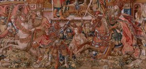 flamsk billedvev. Serien The Honours. Berømmelse (La Fama). Tredje billedvev i serien. Modelltegnere fra kretsen til Bernard van Orley og Jan Gossaert (Mabuse). Produksjon Pieter van Aelst, Brussel. Ca 1550. Stoff Gull, sølv, silke og ull. av Bernard van Orley