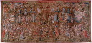 flamsk billedvev. Serien The Honours. Berømmelse (La Fama). Tredje billedvev i serien. Modelltegnere fra kretsen til Bernard van Orley og Jan Gossaert (Mabuse). Produksjon Pieter van Aelst, Brussel. Ca 1550. Stoff Gull, sølv, silke og ull. av Bernard van Orley