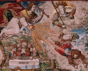 flamsk billedvev. Serien The Honours. Rettferdighet (La Justicia, Los Honores). Niende billedvev i serien. Modelltegnere fra kretsen til Bernard van Orley og Jan Gossaert (Mabuse). Produksjon Pieter van Aelst, Brussel. Ca 1550. Stoff Gull, sølv, av Bernard van Orley