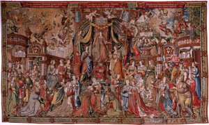 flamsk billedvev. Serien The Honours. Rettferdighet (La Justicia, Los Honores). Niende billedvev i serien. Modelltegnere fra kretsen til Bernard van Orley og Jan Gossaert (Mabuse). Produksjon Pieter van Aelst, Brussel. Ca 1550. Stoff Gull, sølv, av Bernard van Orley