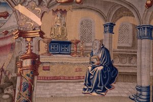 flamsk billedvev. Serie The Legend of the Madonna of the Sablon (The Legend of Our Lady of the Sablon). Ankomsten av statuen av Madonna. Produksjon av Brussel. Tegneserieskaper Barend van Orley av Bernard van Orley