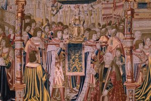 flamsk billedvev. Serie The Legend of the Madonna of the Sablon (The Legend of Our Lady of the Sablon). Ankomsten av statuen av Madonna. Produksjon av Brussel. Tegneserieskaper Barend van Orley av Bernard van Orley