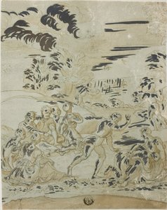 Pastoral scene: menn som jakter fugler, par sitter på bakken av Bernard van Orley