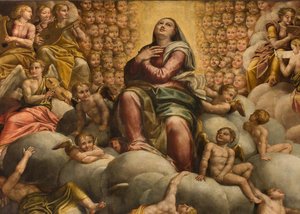 Apse, altertavle av Bernardino Gatti kalt Il Sojaro fullført av Giovanni Battista Trotti kalt IL Malosso, Jomfruens himmelfart av Bernardino Gatti