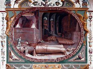 Representasjon av verkstedet til et våpenstøperi. Fresco av Bernardino Barbatelli dit Poccetti (1548-1612) Firenze, Uffizi Gallery (Uffizi)
