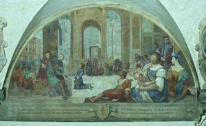 Den unge St. Anthony ber før krusifikset på torget (fresco)