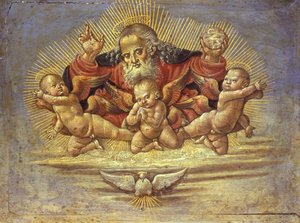 Del av et alterstykke som viser Gud Faderen med tre engler, ca. 1500 (tempera på tre)