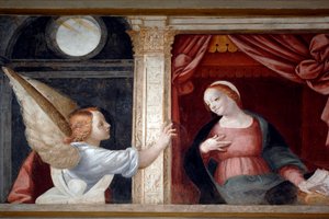 Bebudelse, detalj fra Cycle of Virgin (1553), freskomaleri av Bernardino Lanino (1512-1583), nedre sakristi i Novara Cathedral, Piemonte, Italia