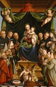 Madonna og barn tronet med hellige og givere av Bernardino Lanino