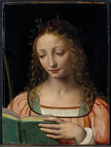 Bystelengde figur av helgen, med en håndflate og lesing av Skriftene av Bernardino Luini