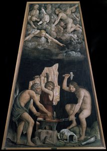 Guddommelige våpen smidd i vulkanens smie foran noen engler som ligger i skyene, Detalj (Fresco av Bernardino Luini