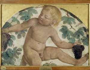 Høsting av putti - Putto under en pergola, ca. 1514 (frittstående freskomaleri båret om bord) av Bernardino Luini
