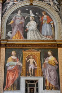 Saint Apollonia og Saint Lucy, på toppen, Ippolita Sforza omgitt av helgener og nonner, freske av Bernardino Luini i kirken Saint Maurice ved Maggiore-klosteret, Milano, Lombardia, Italia av Bernardino Luini