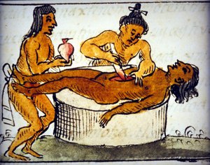 Menneskeofring: rituelle offer blant aztekerne. Fra et manuskript av Bernardino de Sahagun av Bernardino de Sahagun