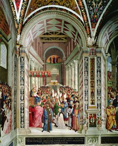 Aeneas Sylvius Piccolomini (1405-64), valgt til pave med navnet Pius II, går inn i St. Peters 3. september 1458 av Bernardino di Betto Pinturicchio